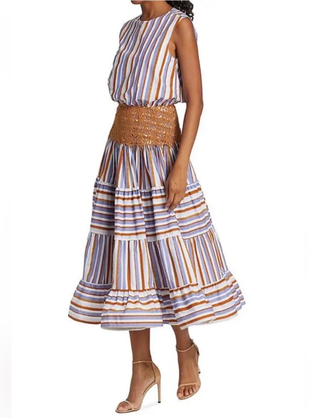 $1.300 Silvia Tcherassi Sleeveless Striped Midi Dress in Blue & Tan - Picture 3 of 16